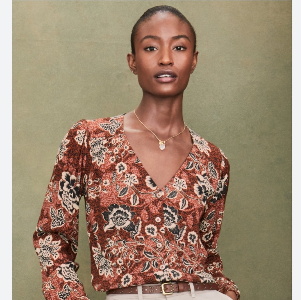 Garnet Hill Easy Crepe Button-Up Floral Boho Sustainable Feminine Top  XL Boho